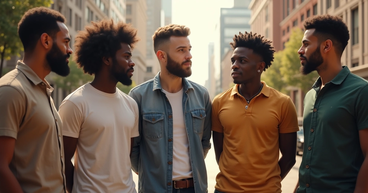 Grupo de homens com características físicas diversas em ambiente urbano 