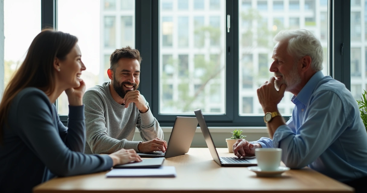 Profissionais de diferentes idades conversando em escritório moderno