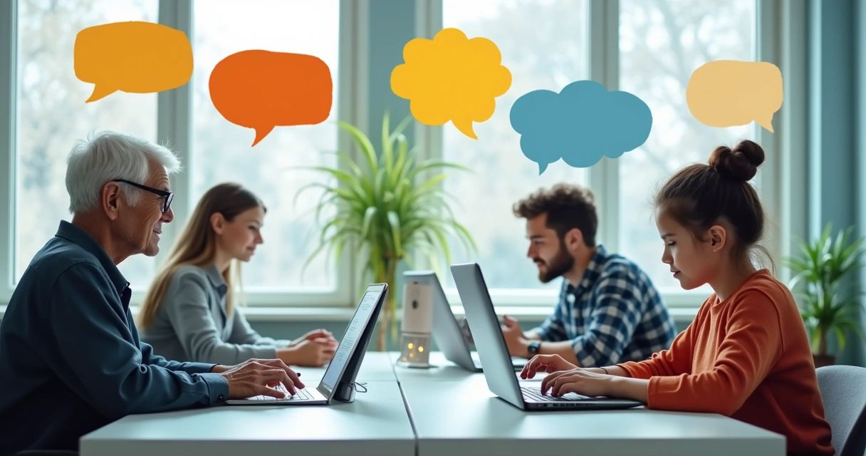 Vários perfis de pessoas usando diferentes dispositivos de comunicação 