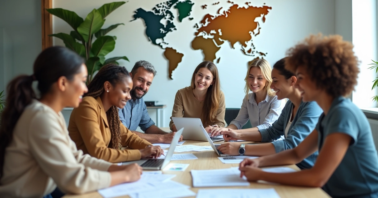 Grupo diverso de pessoas reunidas em ambiente de trabalho moderno