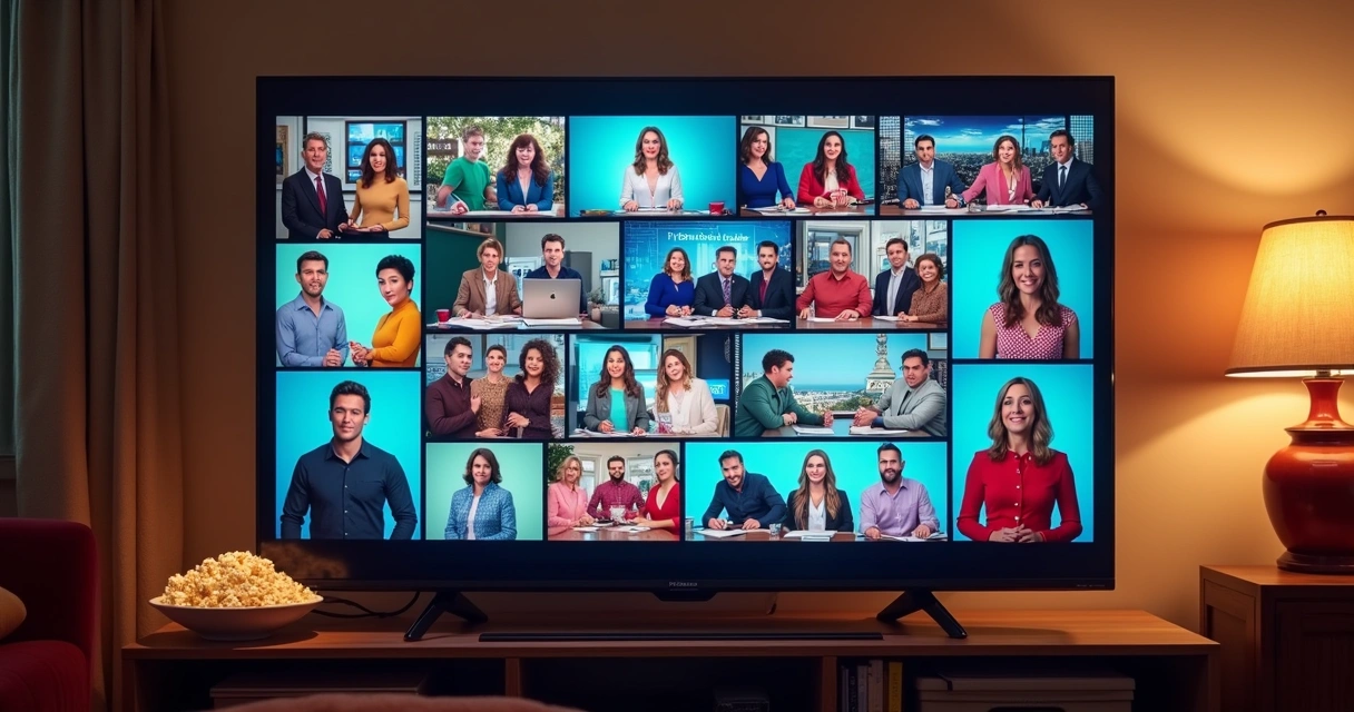 Diversos gêneros televisivos americanos representados na tela de uma TV 