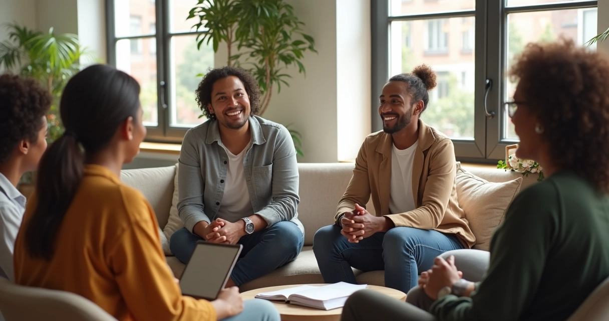 Grupo multicultural conversando em círculo, ambiente iluminado e harmonioso 