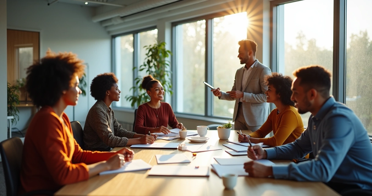 Colaboradores de diferentes etnias reunidos ao redor de uma mesa de reuniões, trocando ideias e gesticulando com papéis, ambiente de escritório moderno 