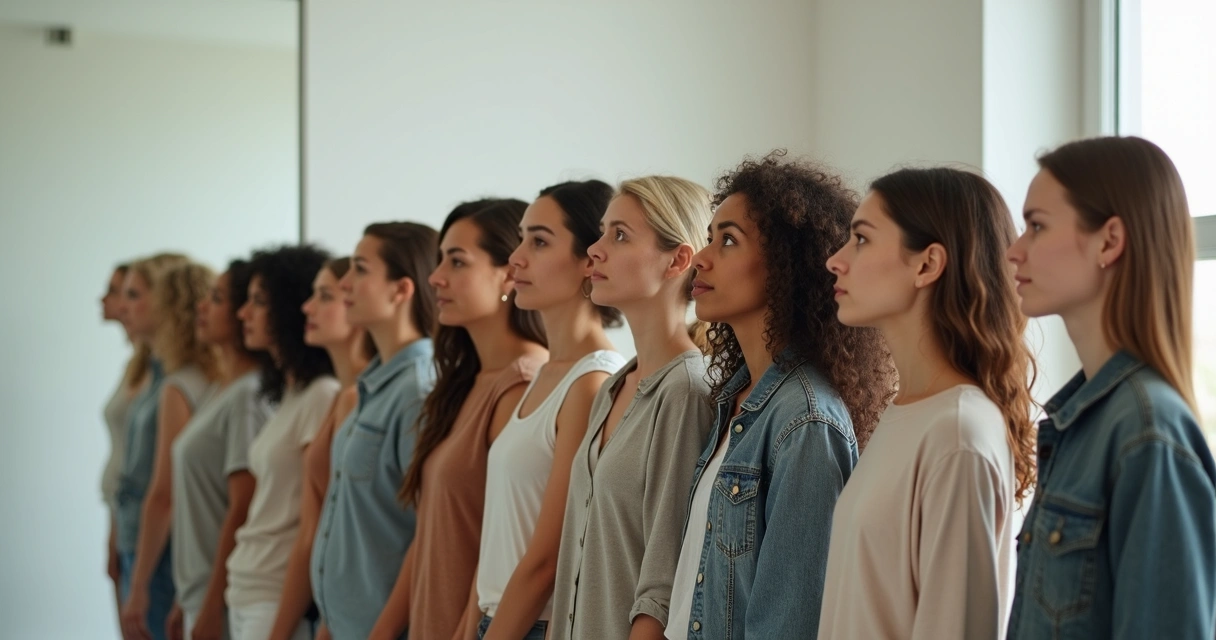 Diversidade de corpos humanos em reflexão frente ao espelho