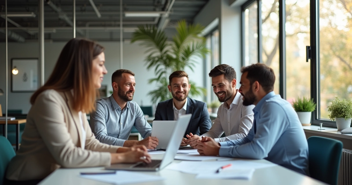 Equipe diversa de profissinais de diferentes idades reunida numa mesa de trabalho 