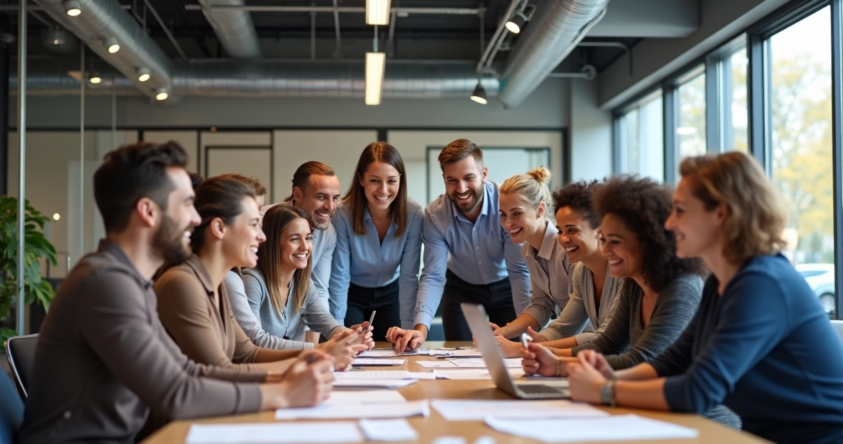 Equipe corporativa diversa sorrindo ao redor de uma mesa de trabalho 