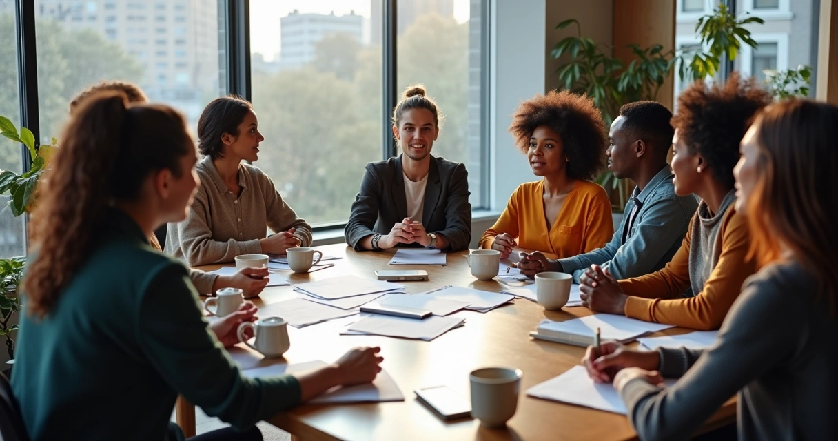 Pessoas em círculo, diferentes estilos, colaborando em equipe 