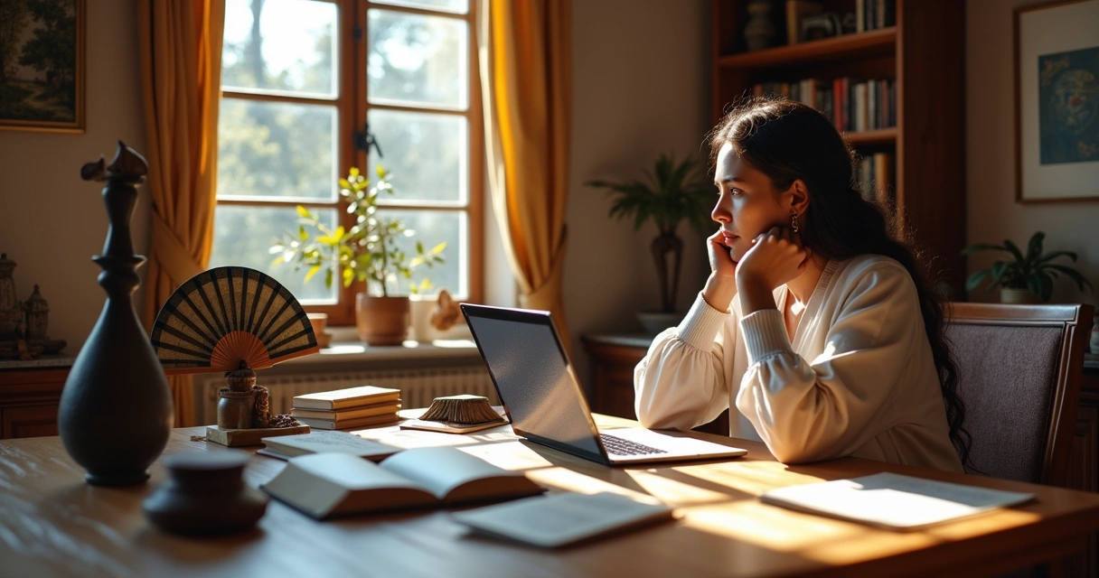 Mesa com livros, laptop, objetos de diferentes culturas e uma pessoa refletindo