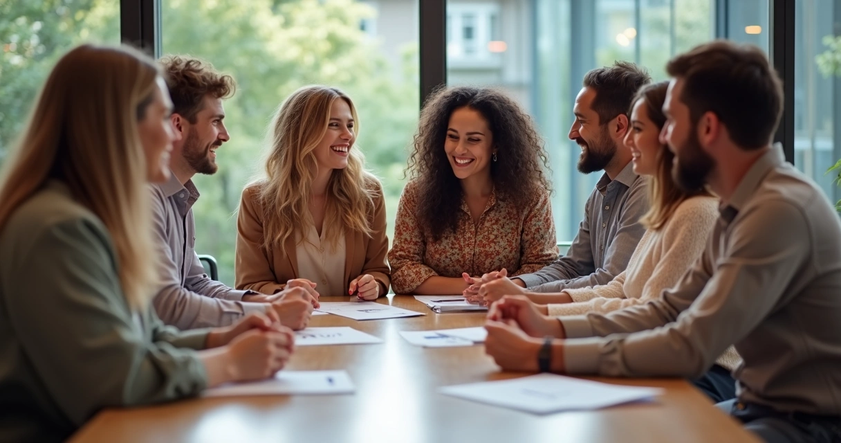 Grupo diverso de pessoas ao redor de uma mesa, trocando ideias e sorrindo, com trajes tradicionais diferentes, em um ambiente moderno