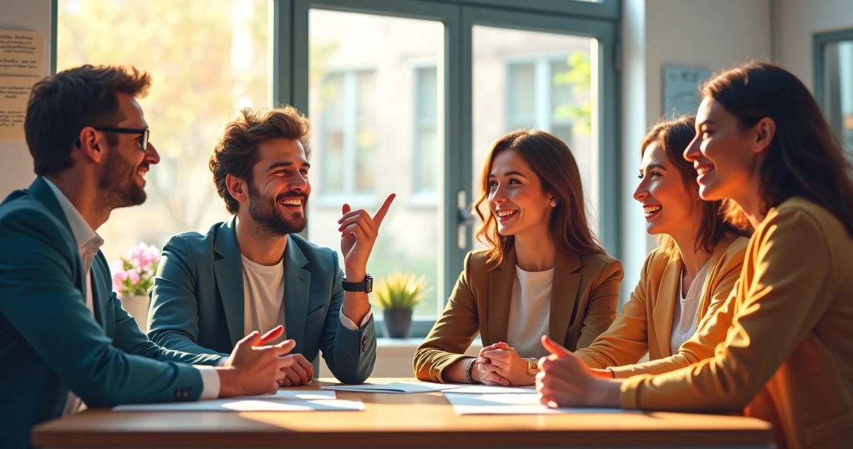 Time de trabalho diverso interagindo de forma positiva, expressando empatia e colaboração 