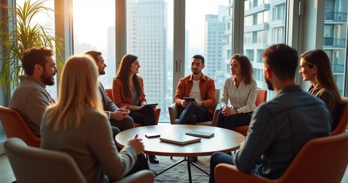 Pessoas de diferentes origens culturais conversando numa sala de reunião