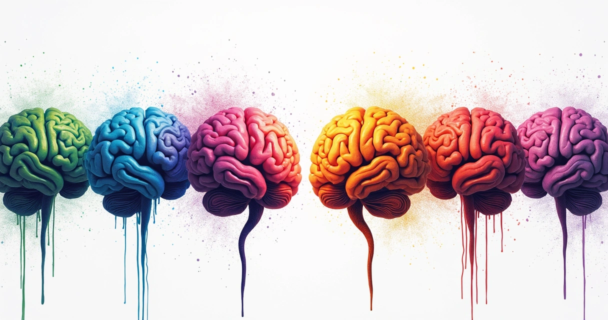 Ilustração de vários cérebros com cores diferentes, lado a lado 