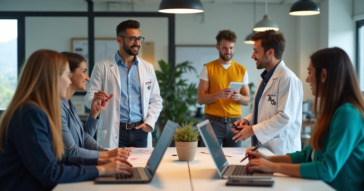 Profissionais de diferentes áreas reunidos em ambiente corporativo 