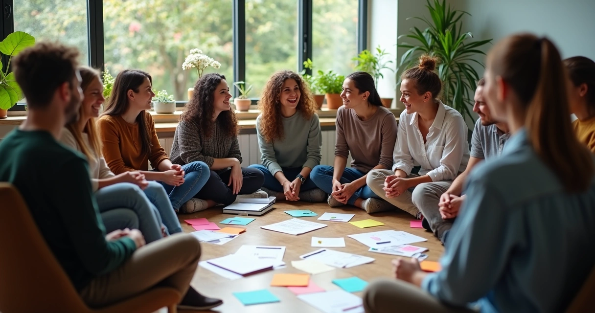 Grupo diverso de pessoas em roda dialogando e trocando ideias. 