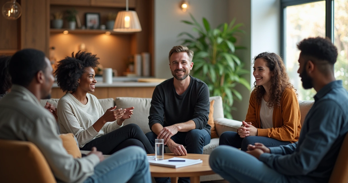 Equipe diversa em roda de conversa, todos prestando atenção, clima de escuta ativa e colaboração. 