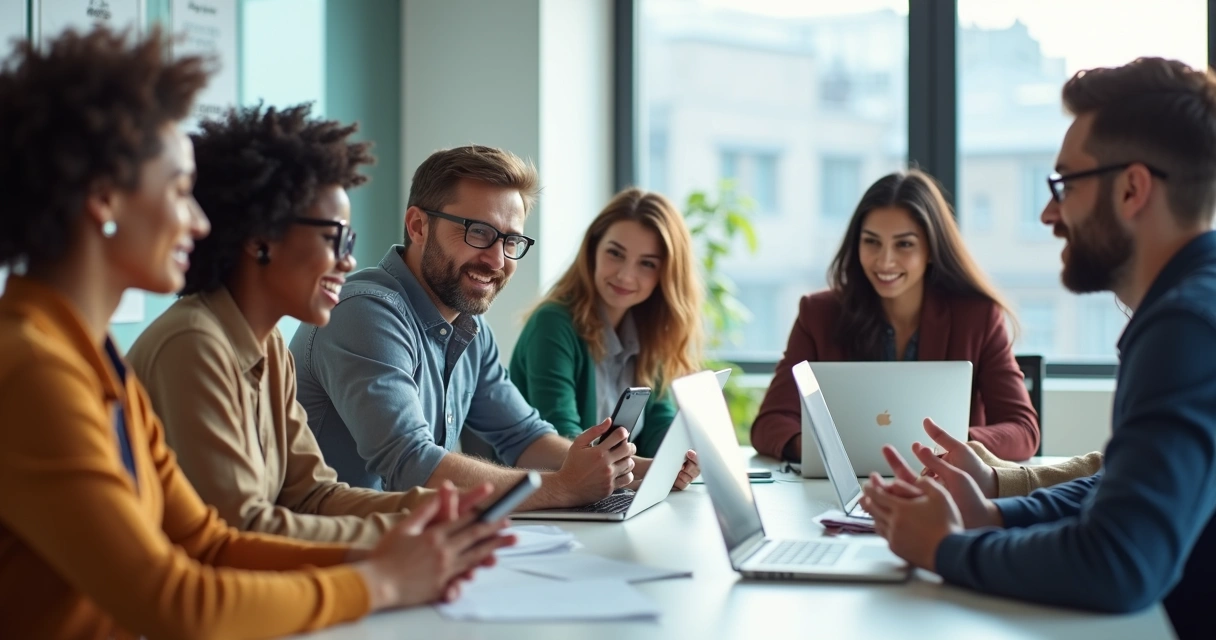 Grupo diverso de pessoas ao redor de uma mesa com laptops, discutindo e gesticulando com respeito em ambiente digital 