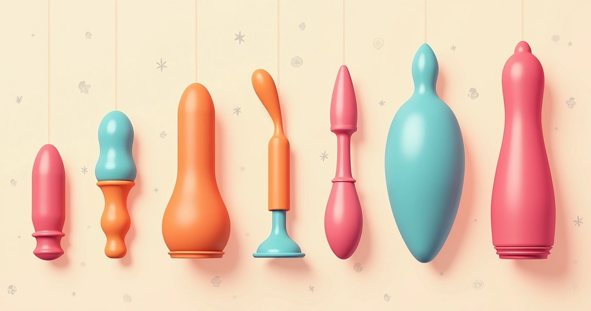 Vários tipos de dildos alinhados sobre uma superfície clara 