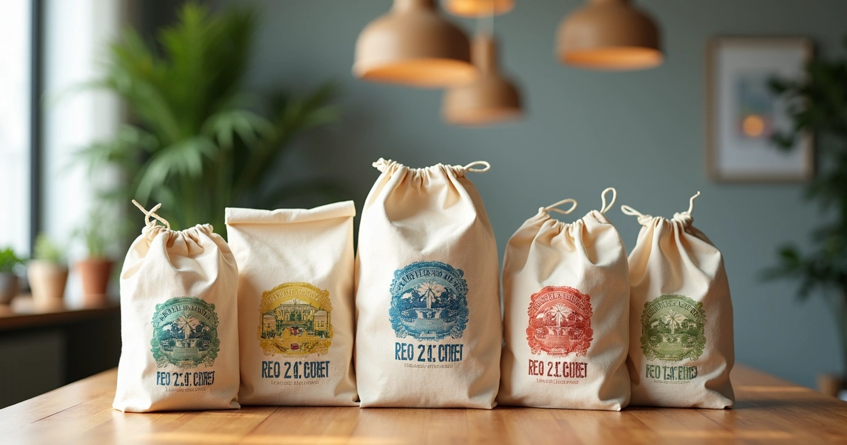 Várias ecobags de algodão cru com estampas diferentes em mesa de madeira 