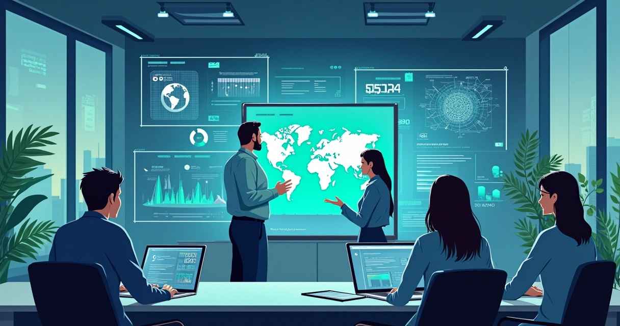 Grupos variados de profissionais em escritório moderno interagindo com telas e gráficos de IA 