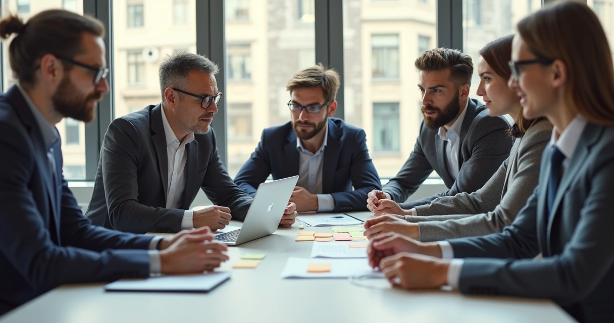 Colaboradores diversos sentados ao redor de uma mesa trocando ideias 