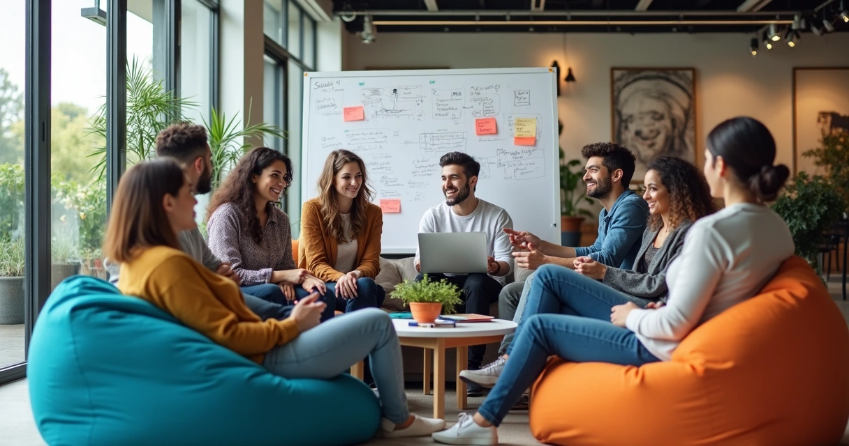 Equipe diversificada reunida em ambiente corporativo colorido 