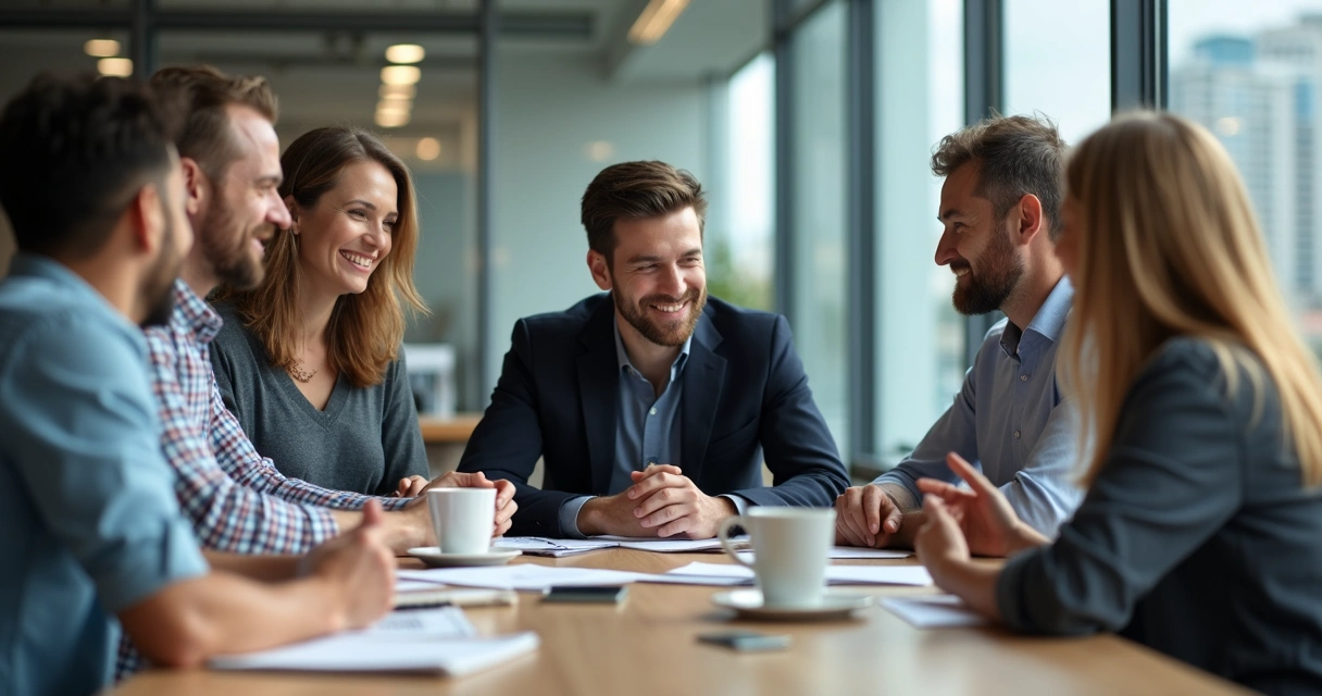 Equipe multicultural reunida em mesa de trabalho e sorrindo ao conversar 