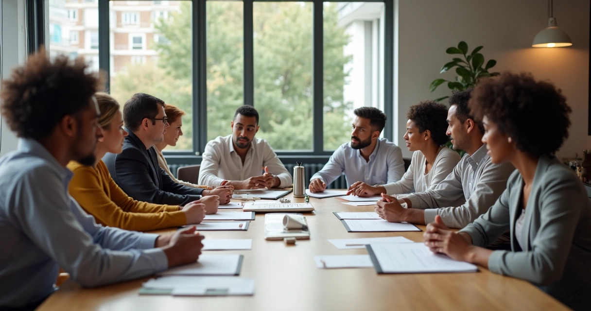 Equipe diversa reunida em mesa de reunião 