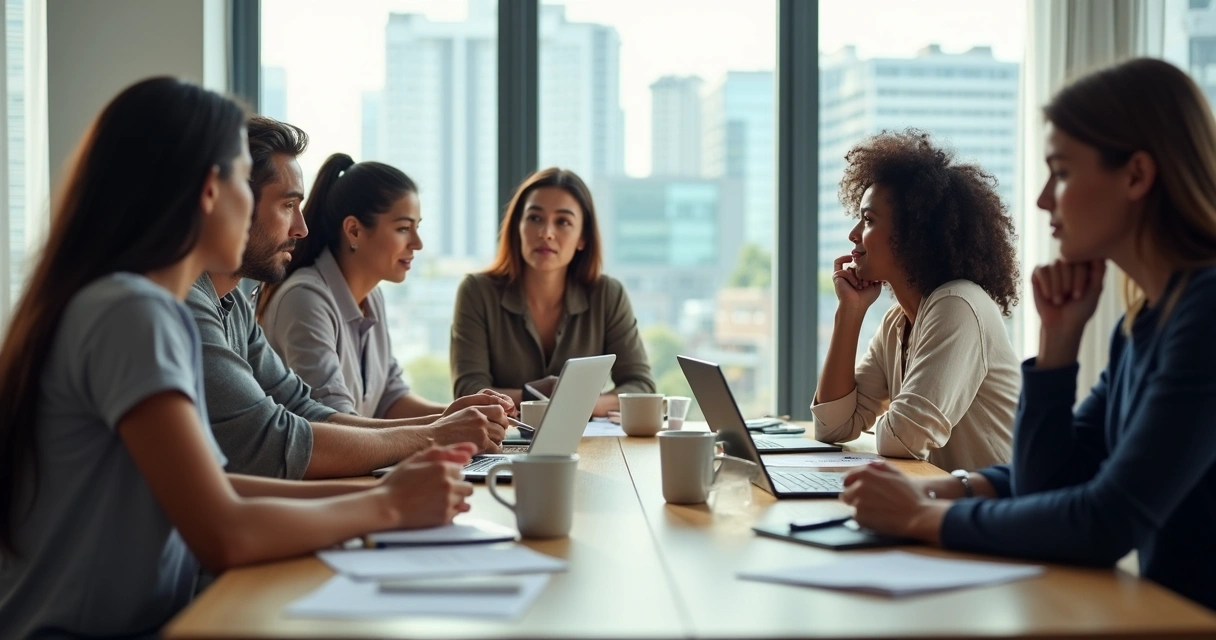 Equipe diversa em reunião em ambiente corporativo 