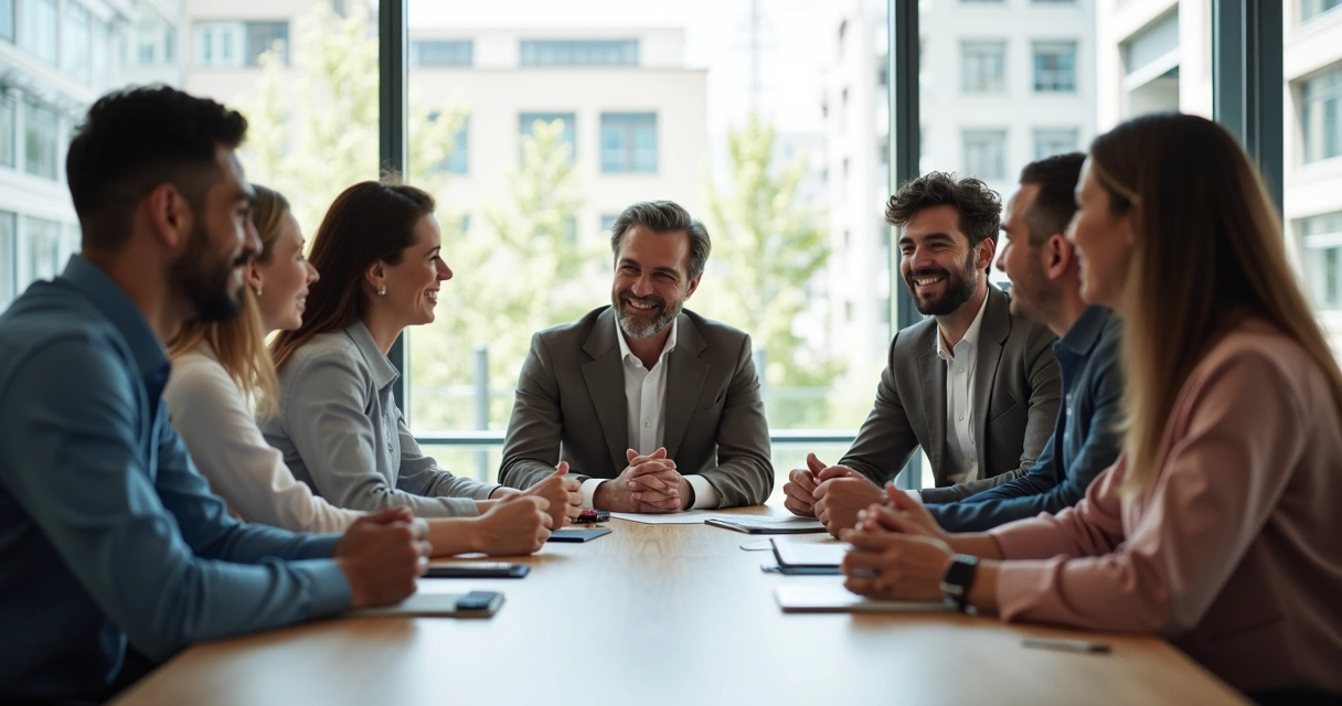 Equipe em reunião com diversidade visível entre os participantes. 