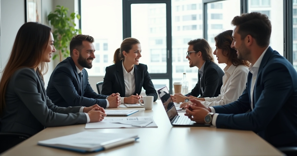 Equipe diversa reunida, discutindo em uma sala de reuniões moderna 