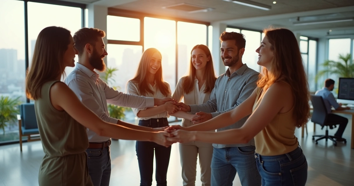 Equipe diversa reunida de braços dados, mostrando colaboração 