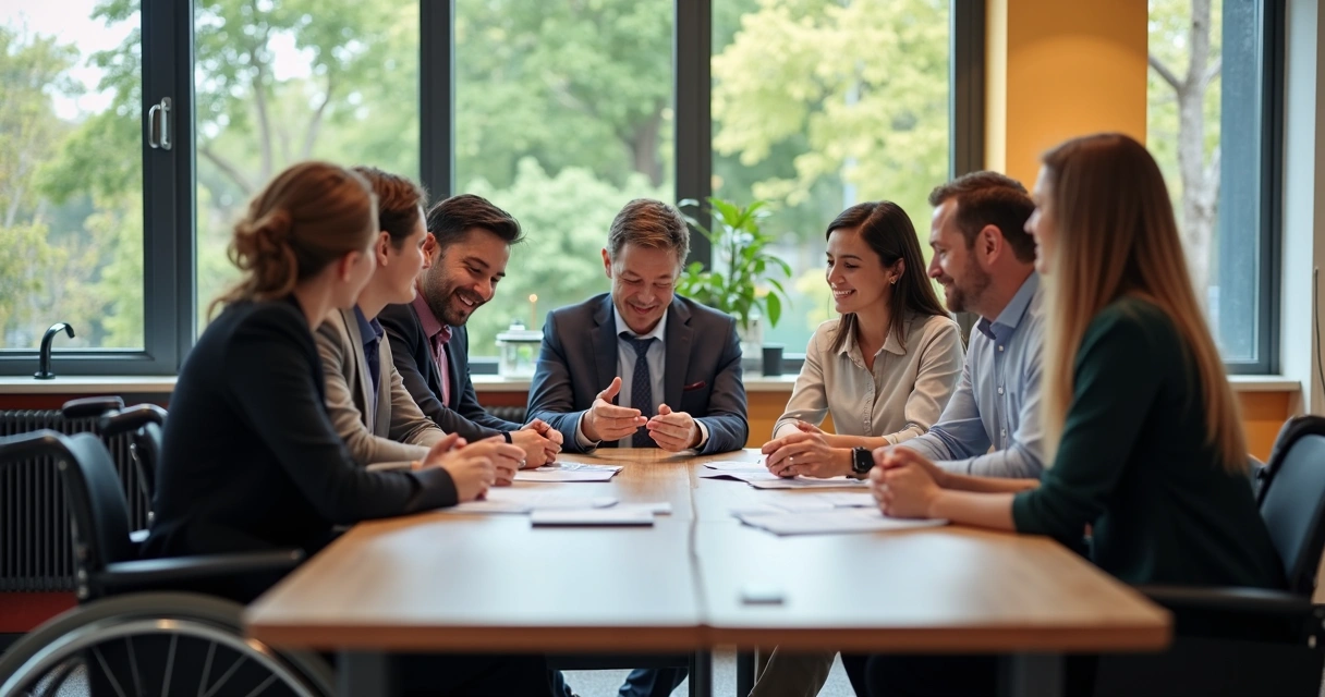 Equipe diversa reunida em uma mesa de trabalho 