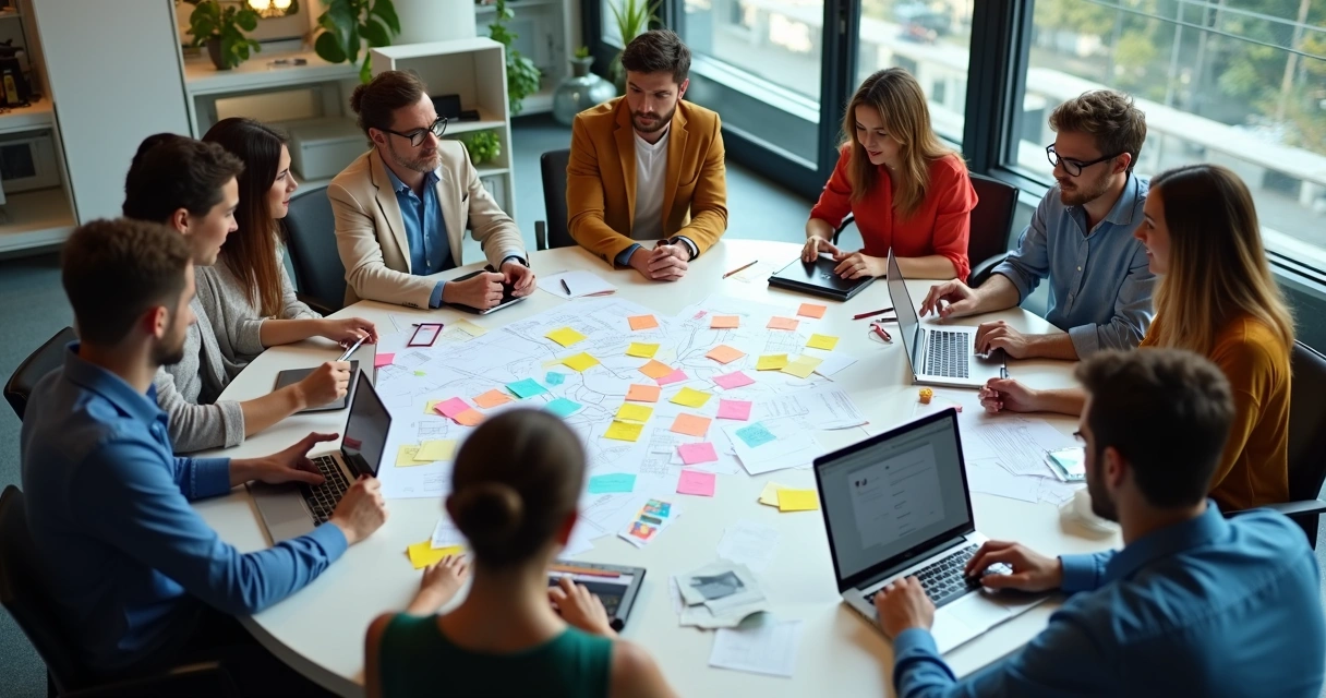 Colaboradores de diferentes áreas reunidos em uma mesa de trabalho com papéis coloridos e laptops 