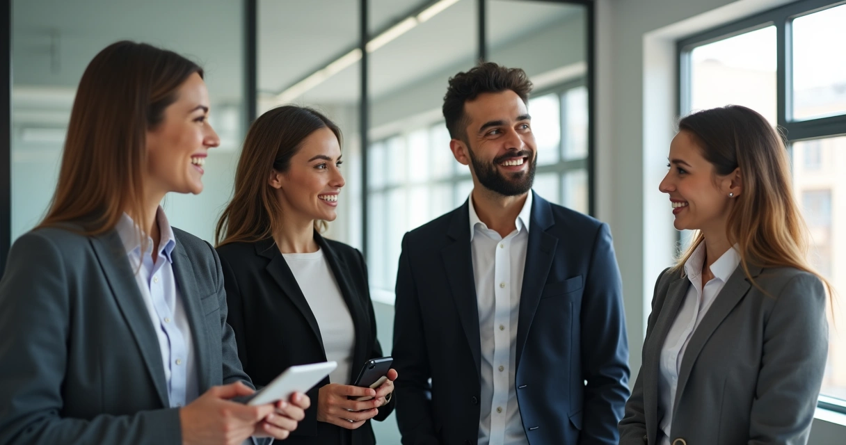 Colaboradores de diferentes culturas sorrindo em ambiente empresarial 