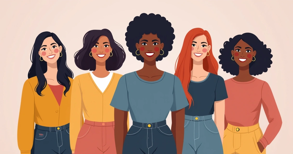 Desenho de mulheres diversas, com diferentes tipos de corpo e estilos, juntas em ambiente alegre