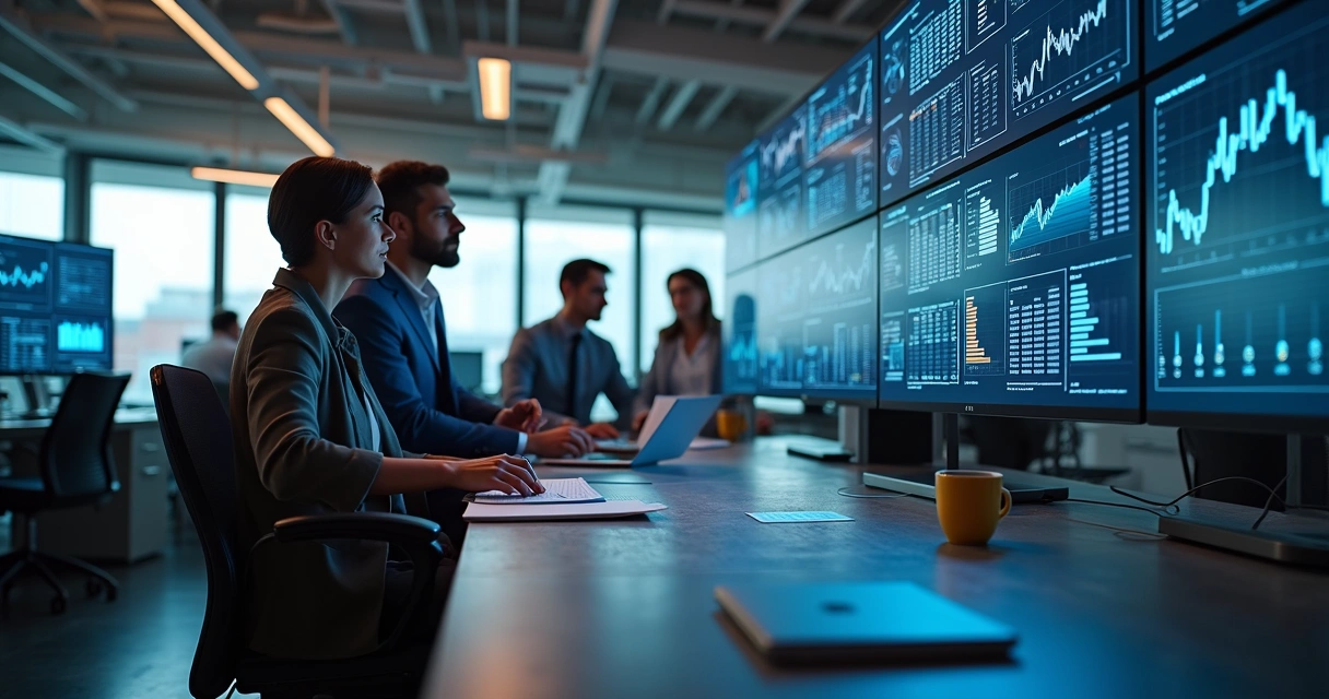 Diversas telas de relatórios de dados financeiros, planilhas e gráficos conectadas em um ambiente de escritório, com pessoas analisando informações. 
