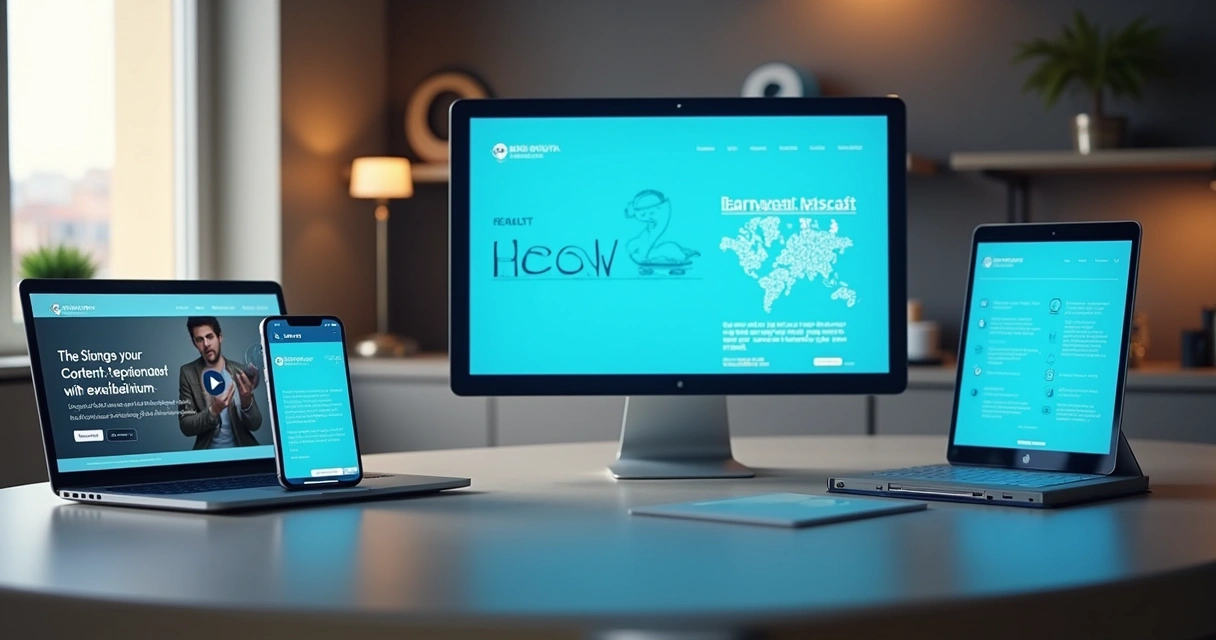 Múltiplos formatos de conteúdo digital exibidos em diferentes telas 