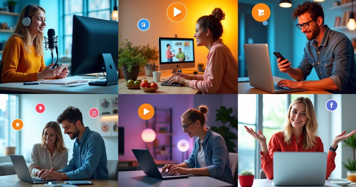 Montagem mostrando diferentes formatos de conteúdo como vídeo, podcast, blog, live, e post em redes sociais 