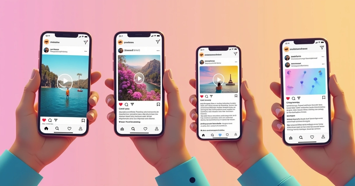 Feed do Instagram com posts em diversos formatos: vídeo, carrossel, stories, e enquetes. 