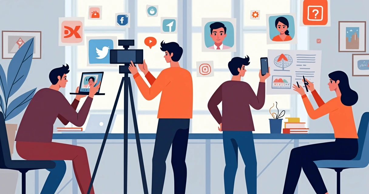 Montagem de dispositivos e pessoas criando diferentes vídeos 