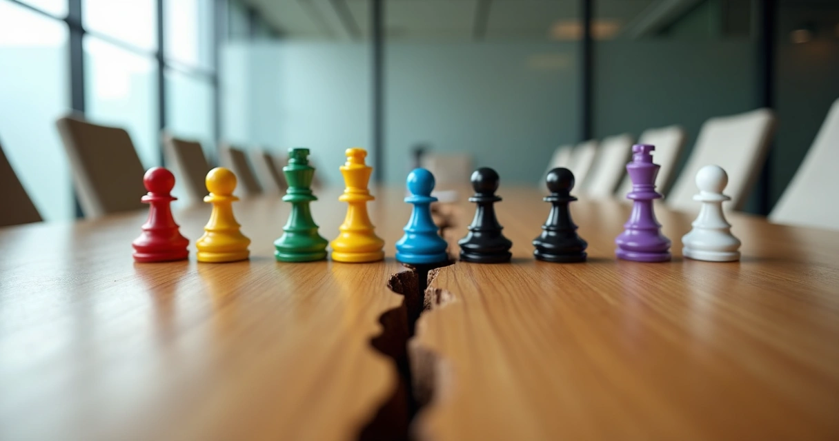 Peças de xadrez multicolores separadas por rachadura na mesa 