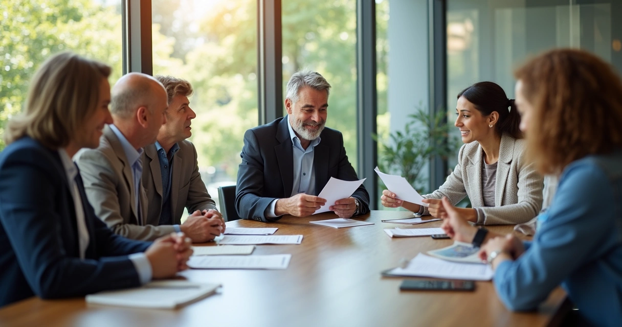 Equipe formada por pessoas de diferentes idades sentadas à mesa de reunião 