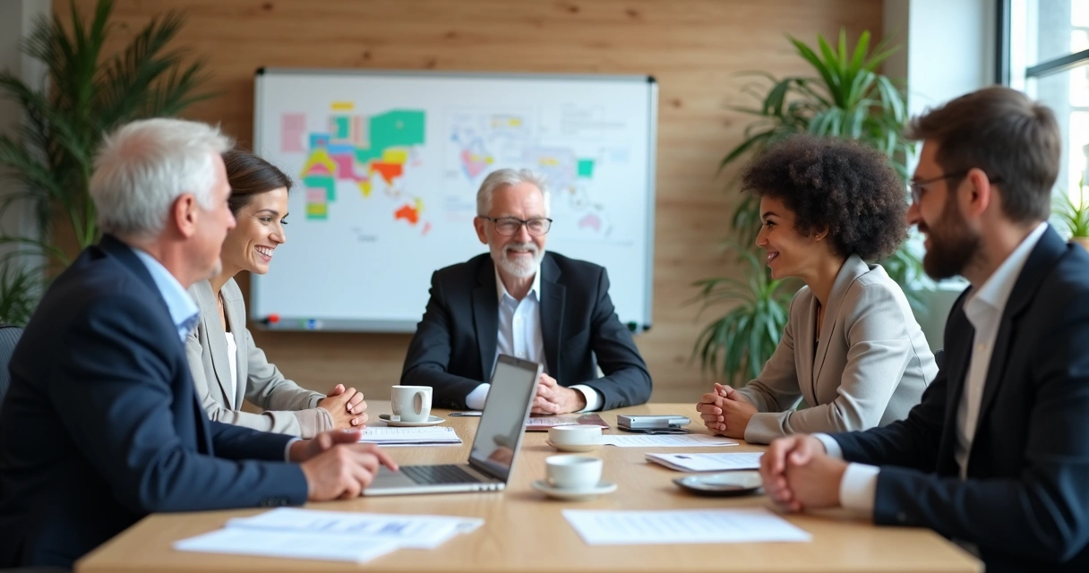 Profissionais de diferentes idades reunidos em mesa de reunião 