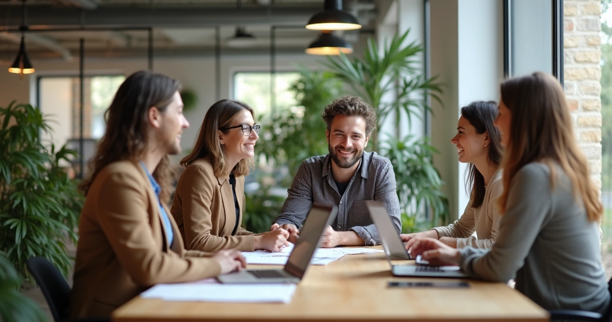 Colaboradores de várias gerações rindo juntos em espaço de coworking 