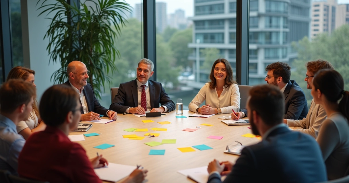 Membros de um grupo com estilos diversos debatendo em mesa redonda. 