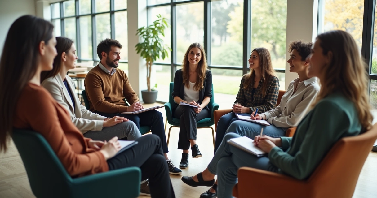 Grupo diverso em roda de conversa em ambiente iluminado 