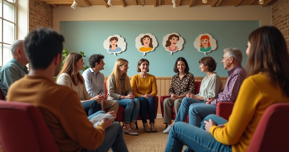 Grupo de pessoas diversas sentadas em roda trocando ideias. 