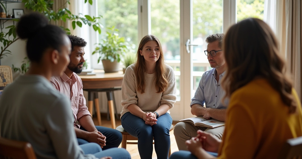 Grupo diverso de adultos conversando em círculo 