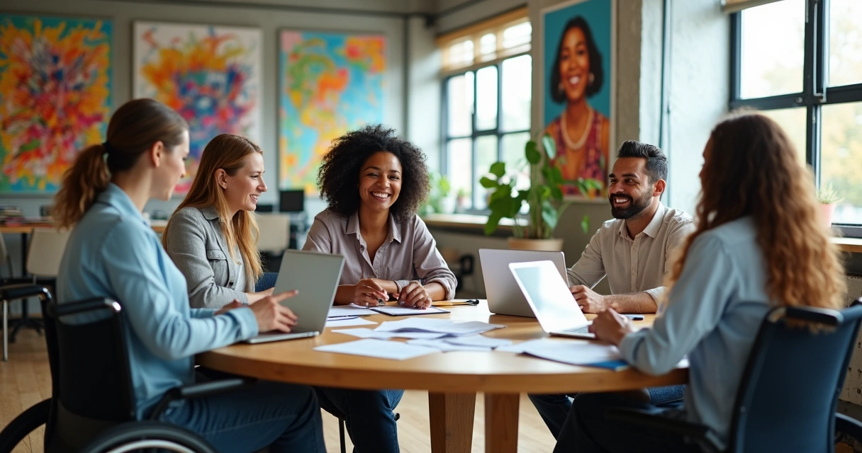 Equipe diversa colaborando em ambiente de trabalho inclusivo 