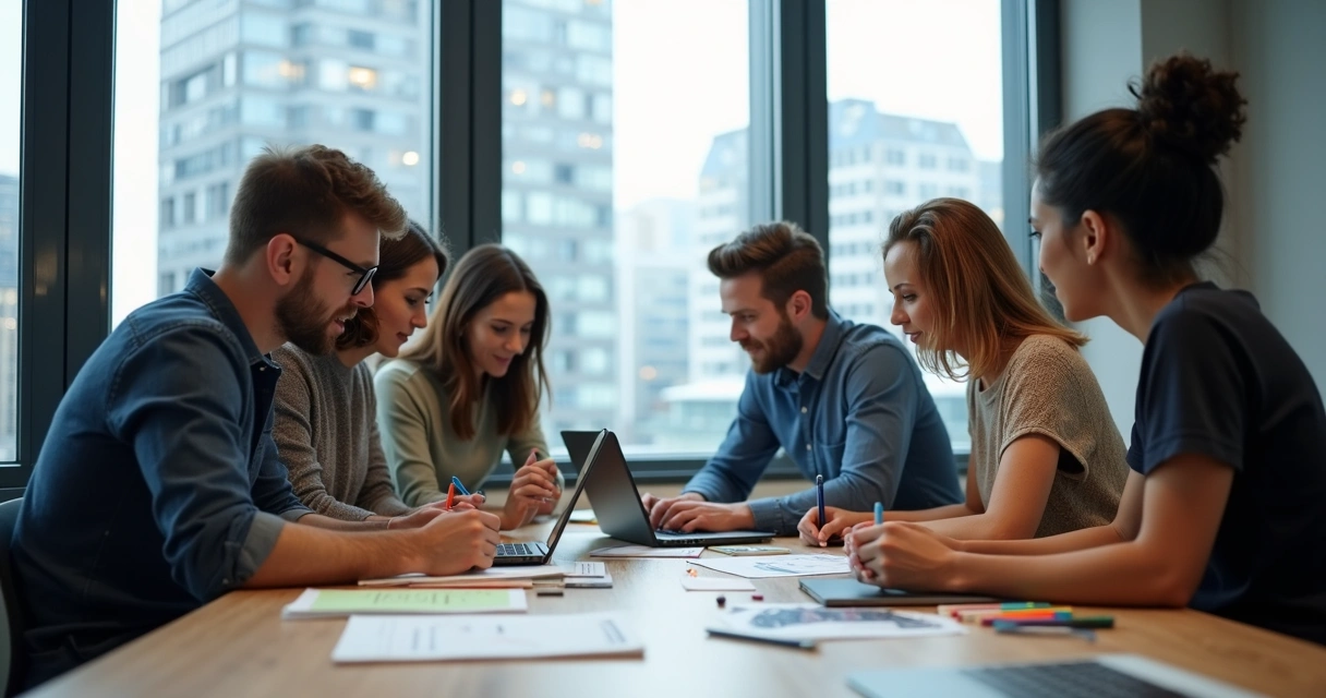 Grupo de pessoas diversas trabalhando em equipe em uma mesa de escritório